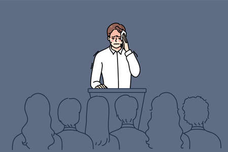 Nervous man scared of public speaking on stageのイラスト素材