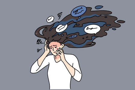 Stressed woman suffer with paranoid thoughtsのイラスト素材