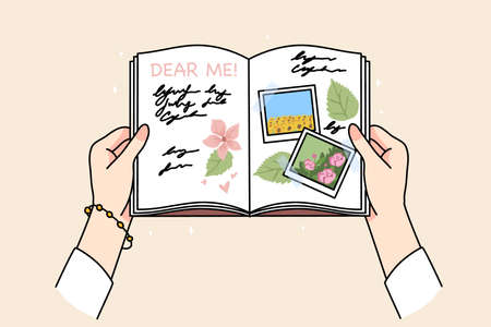 Woman hands hold diary reading memories form pastのイラスト素材