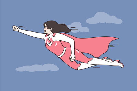 Happy mother in superhero costume fly in skyのイラスト素材