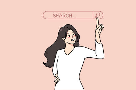 Smiling woman use searching line on computer