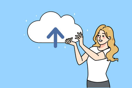 Smiling woman hold cloud with arrow face up