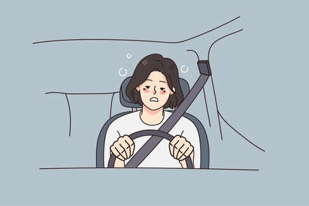 Exhausted woman driving car feeling unwellのイラスト素材