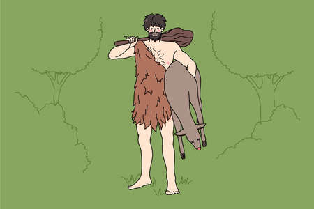 Caveman in tribe clothing hold preyのイラスト素材