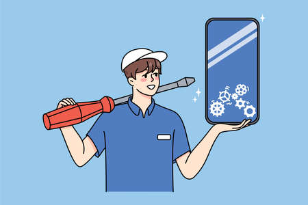 Man repair cellphone in mobile centerのイラスト素材