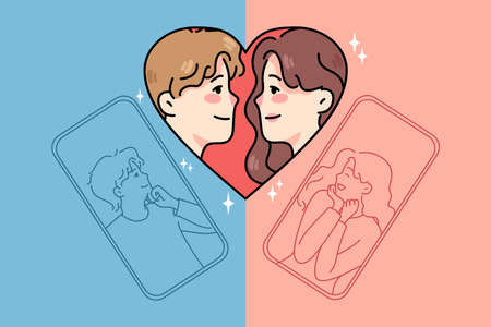 Man and woman talk online dating on appのイラスト素材