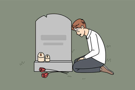 Sad crying man on grave at cemeteryのイラスト素材