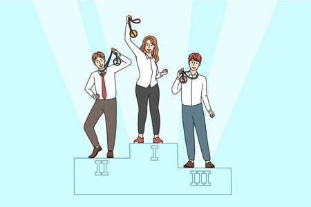 Confident businesswoman with golden medal on podiumのイラスト素材