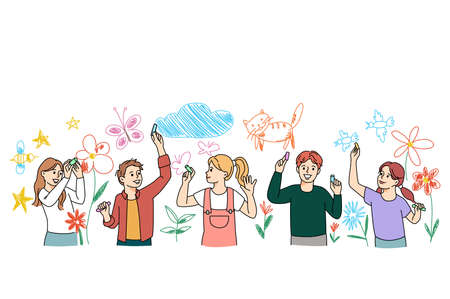 Diverse children drawing on wall togetherのイラスト素材