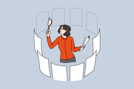 Businesswoman with magnifier glass search career optionsのイラスト素材