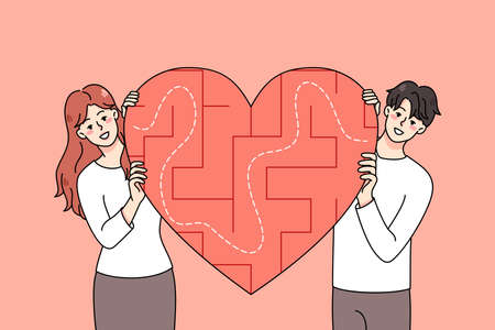 Couple with heart labyrinth finding loveのイラスト素材