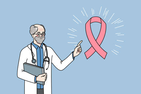 Male doctor point at pink ribbonのイラスト素材