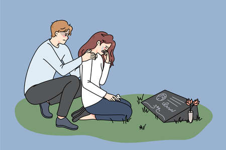 Sad couple crying at pet gravestoneのイラスト素材