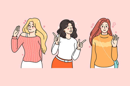 Smiling diverse women waving hands and greetingのイラスト素材