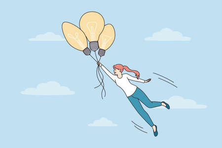 Motivated woman flying in sky on lightbulbsのイラスト素材
