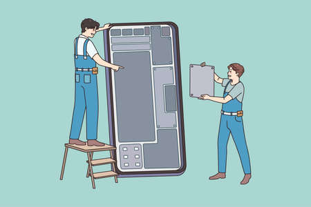 Engineers repair broken cellphone gadgetのイラスト素材