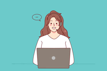 Woman in headset working on laptopのイラスト素材