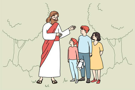 Smiling Jesus talking with kids in gardenのイラスト素材
