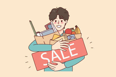 Happy man holding bags with purchases on saleのイラスト素材