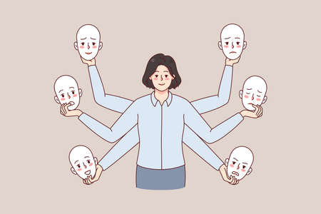 Businesswoman holding different masks in handsのイラスト素材