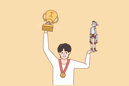 Happy boy holding robot and awardのイラスト素材