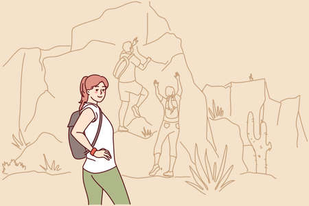 Happy woman hiking in mountainsのイラスト素材