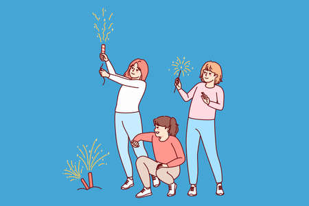 Happy kids burning fireworksのイラスト素材