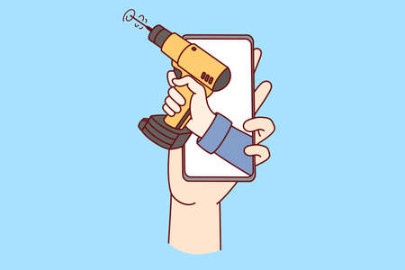 Person holding cellphone with mechanic on screenのイラスト素材