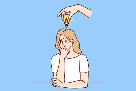Pensive businesswoman with lightbulb above headのイラスト素材