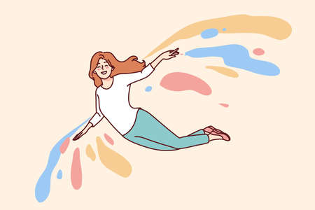 Smiling girl flying on colorful wingsのイラスト素材