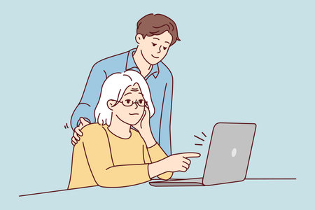 Grandchild help old grandmother with computerのイラスト素材