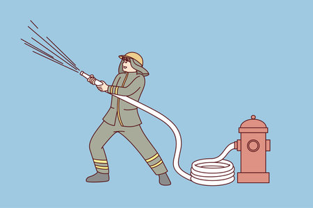 Fireman with hose working on siteのイラスト素材