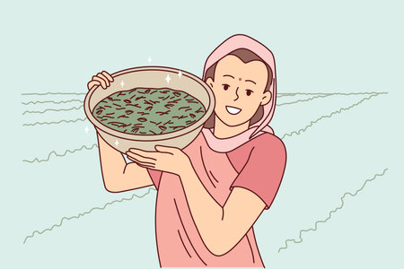 Smiling indian woman with crop in fieldのイラスト素材