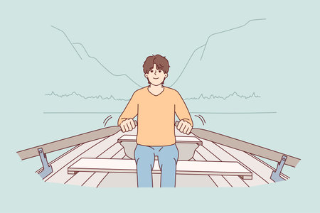 Man sit in boat rowing in mountain landscapeのイラスト素材
