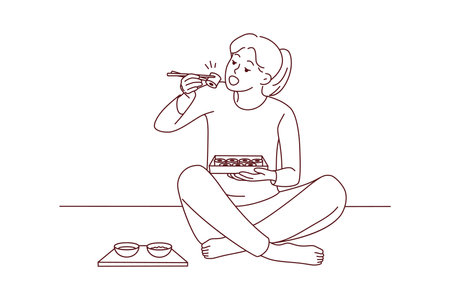 Woman sit on floor eating sushiのイラスト素材
