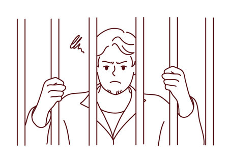 Angry man criminal behind jars in prisonのイラスト素材