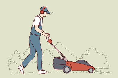 Man in uniform with lawn mowerのイラスト素材
