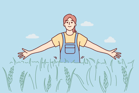 Smiling girl walking in fieldのイラスト素材