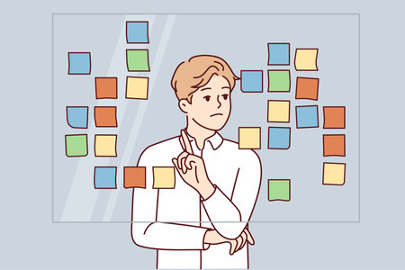 Businessman brainstorm near board in officeのイラスト素材