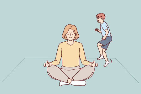 Calm mother meditate at home with naughty kidのイラスト素材