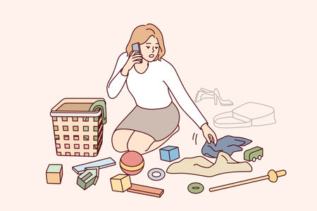 Mother cleaning children roomのイラスト素材
