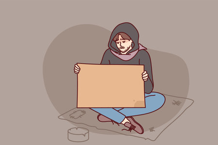 Poor man with poster begging on streetのイラスト素材