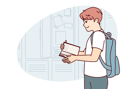 Teenager guy with book and backpack behind back stands near lockers in college room. Vector imageのイラスト素材