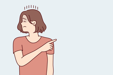 Offended woman turns away and closing eyes points finger to side after quarrel. Vector imageのイラスト素材