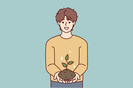 Smiling teenage boy holding earth with growing tree demonstrating love for ecology. Vector imageのイラスト素材