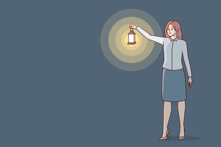 Woman stands holding out hand with vintage oil lantern to illuminate dark room. Vector imageのイラスト素材
