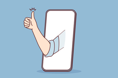 Mobile phone and hand with thumb up symbolizing approval of good app or website. Vector imageのイラスト素材