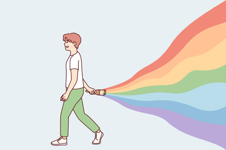 Young guy walks leaving behind rainbow symbolizes carelessness and positive attitude. Vector imageのイラスト素材