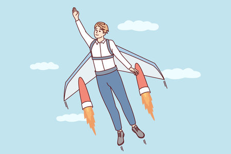 Man flies up with help of jet wings for concept of career growth or business success. Vector imageのイラスト素材