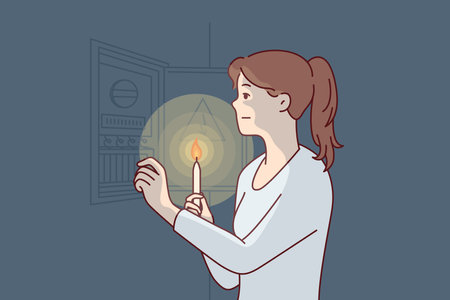Woman with burning candle approaches power shield to find out reason for energy outage. Vector imageのイラスト素材